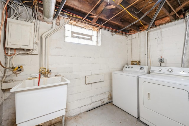 clothes washing area with washer and dryer and electric panel