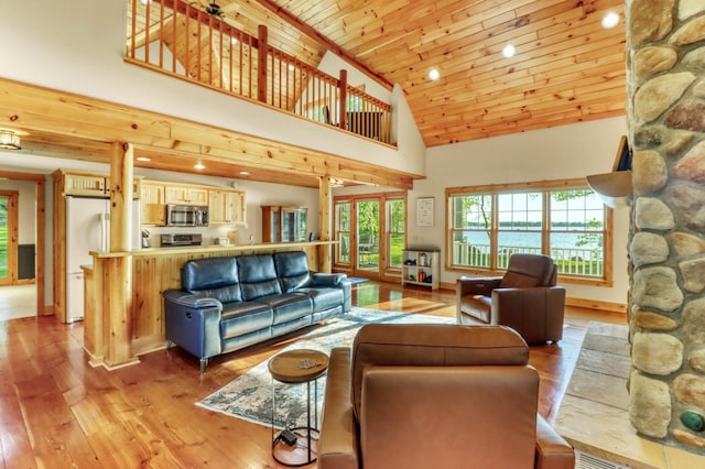 42429 Big Mcdonald Dr, Dent, MN 56528 - living room featuring wooden ceiling, light wood finished floors, high vaulted ceiling, recessed lighting, and baseboards