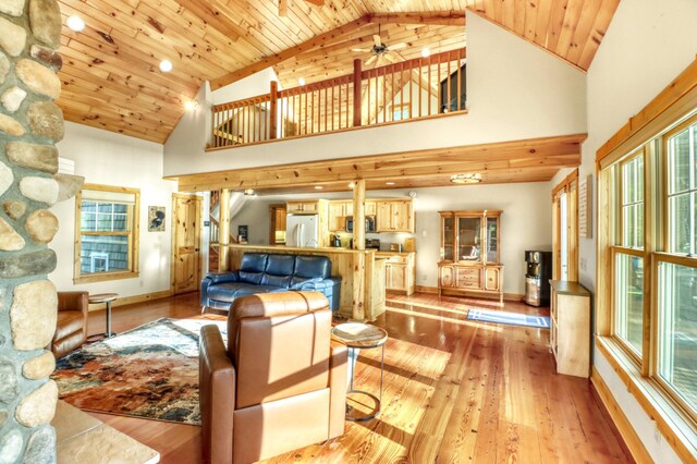 42429 Big Mcdonald Dr, Dent, MN 56528 - living room with a ceiling fan, light wood-type flooring, baseboards, and high vaulted ceiling