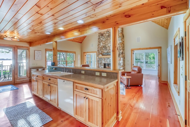 42429 Big Mcdonald Dr, Dent, MN 56528 - kitchen featuring white dishwasher, a sink, vaulted ceiling, open floor plan, and healthy amount of natural light