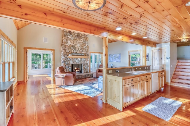 42429 Big Mcdonald Dr, Dent, MN 56528 - kitchen featuring a sink, a fireplace, light wood-type flooring, wood ceiling, and dishwasher