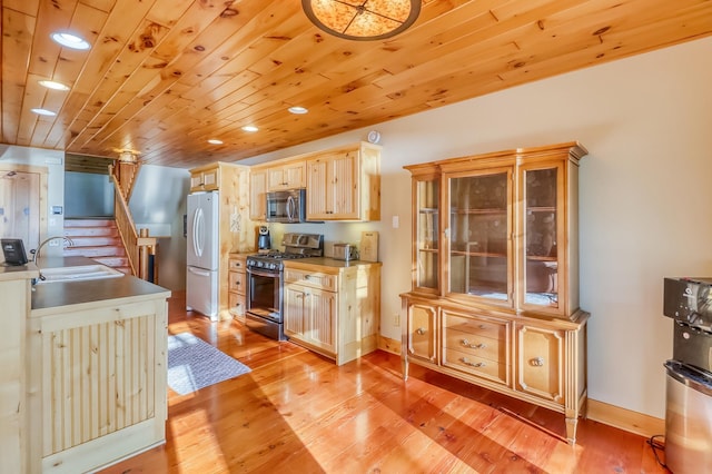 42429 Big Mcdonald Dr, Dent, MN 56528 - kitchen featuring stainless steel appliances, a sink, light brown cabinetry, light wood finished floors, and recessed lighting