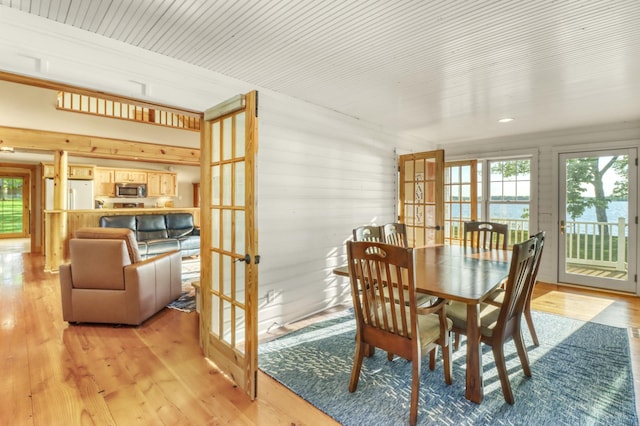 42429 Big Mcdonald Dr, Dent, MN 56528 - dining space featuring plenty of natural light, light wood-type flooring, french doors, and wood walls