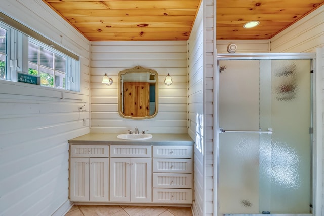 42429 Big Mcdonald Dr, Dent, MN 56528 - bathroom with wood ceiling, a stall shower, vanity, tile patterned flooring, and wood walls