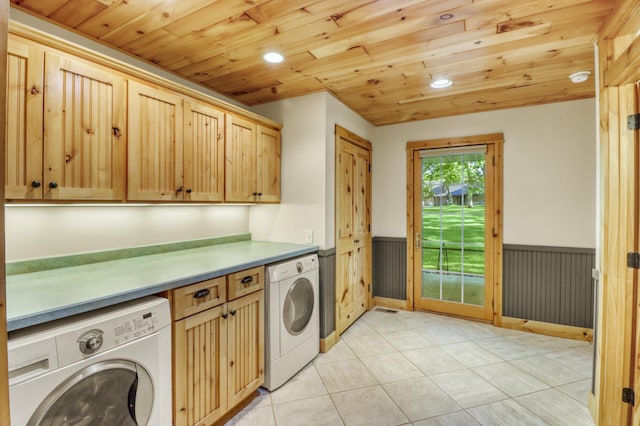 42429 Big Mcdonald Dr, Dent, MN 56528 - laundry area with cabinet space, wainscoting, wood ceiling, light tile patterned floors, and recessed lighting