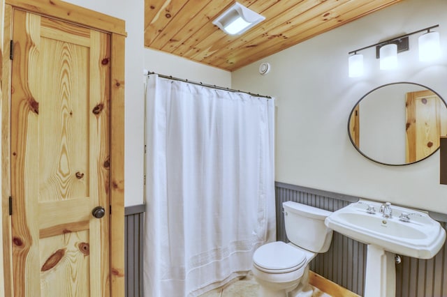 42429 Big Mcdonald Dr, Dent, MN 56528 - full bathroom featuring toilet, curtained shower, wooden ceiling, and a sink
