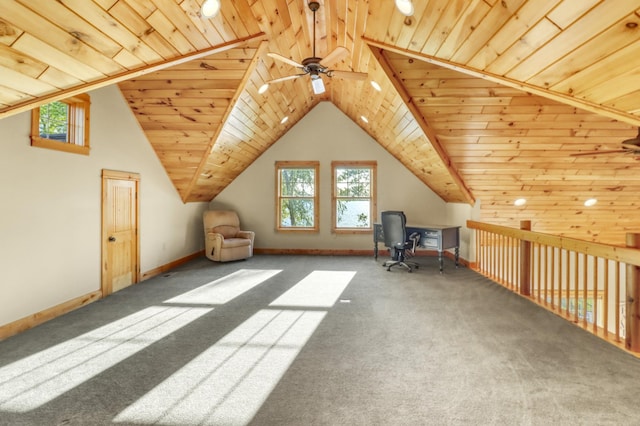 42429 Big Mcdonald Dr, Dent, MN 56528 - additional living space with a ceiling fan, wooden ceiling, plenty of natural light, carpet floors, and lofted ceiling