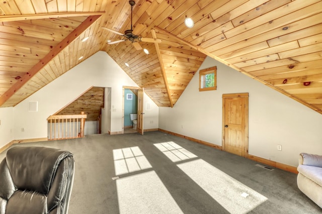 42429 Big Mcdonald Dr, Dent, MN 56528 - bonus room with baseboards, wood ceiling, carpet, vaulted ceiling, and a ceiling fan