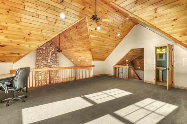 42429 Big Mcdonald Dr, Dent, MN 56528 - unfurnished office with wooden ceiling, lofted ceiling, ceiling fan, carpet flooring, and baseboards