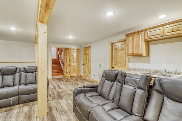 42429 Big Mcdonald Dr, Dent, MN 56528 - living room with stairway, light wood finished floors, and recessed lighting