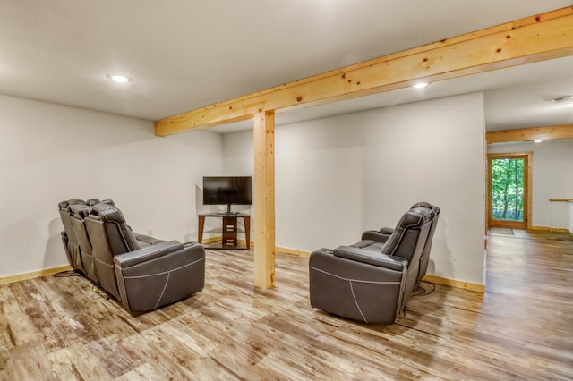 42429 Big Mcdonald Dr, Dent, MN 56528 - living area featuring light wood-style floors, baseboards, recessed lighting, and beam ceiling