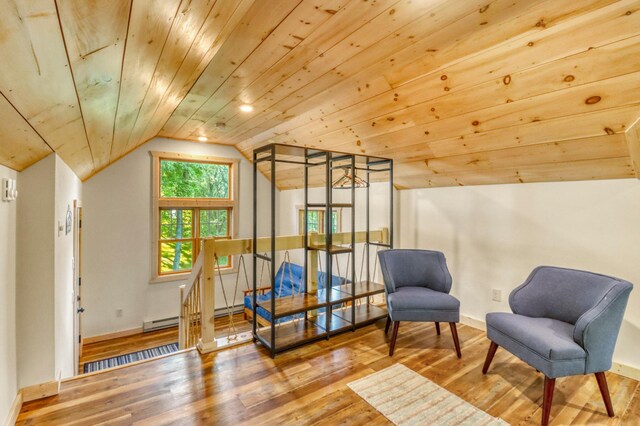 42429 Big Mcdonald Dr, Dent, MN 56528 - sitting room featuring wood finished floors, baseboards, a baseboard heating unit, lofted ceiling, and wooden ceiling
