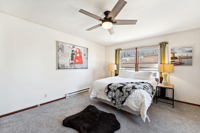 carpeted bedroom featuring baseboards, baseboard heating, and a ceiling fan