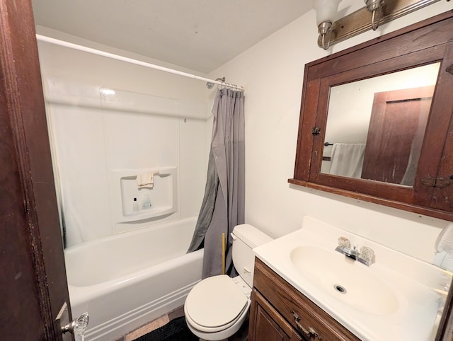 bathroom with toilet, shower / bathtub combination with curtain, and vanity