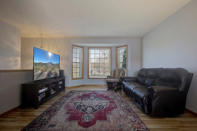 living area with baseboards, light wood-style flooring, and a wealth of natural light