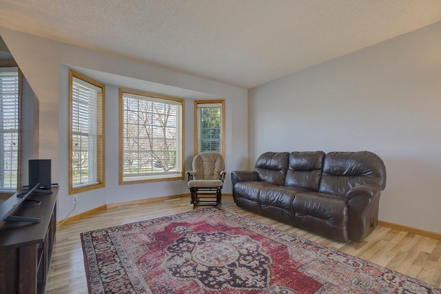 living room with baseboards, a textured ceiling, and wood finished floors