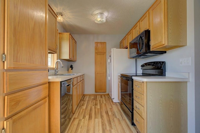 kitchen featuring light wood-style floors, a sink, black appliances, and light countertops