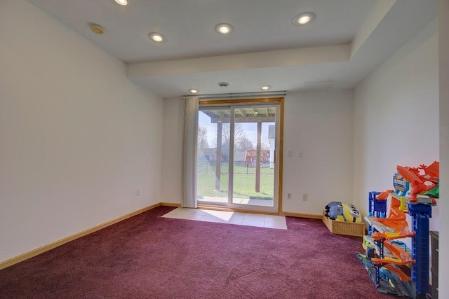 recreation room with carpet floors, recessed lighting, and baseboards
