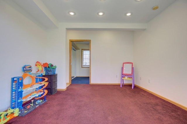 playroom featuring baseboards, recessed lighting, and carpet