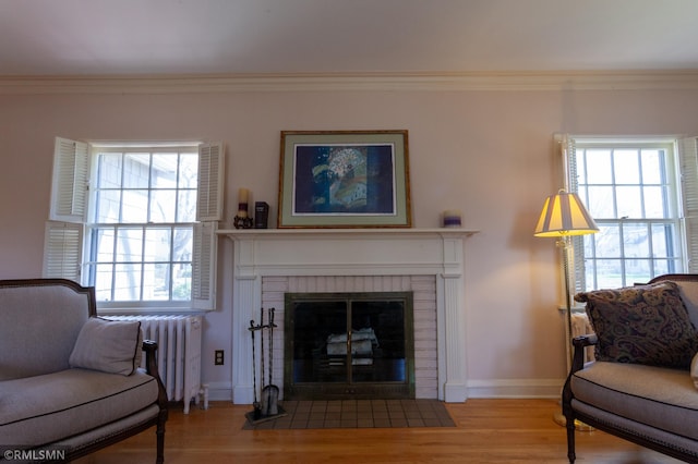 living room with radiator heating unit, wood finished floors, ornamental molding, plenty of natural light, and baseboards