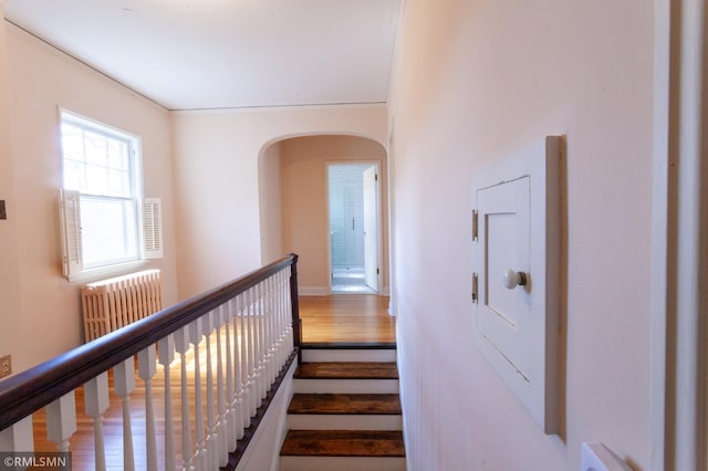 stairs featuring arched walkways and wood finished floors