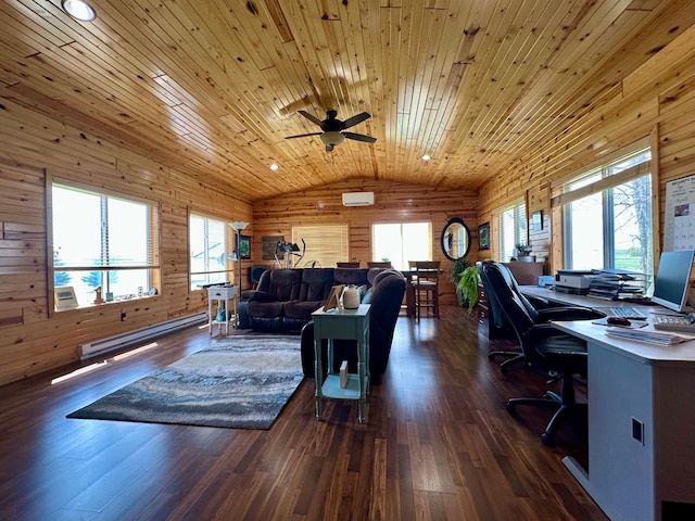 living area featuring wood ceiling, ceiling fan, dark wood-style flooring, a baseboard heating unit, and lofted ceiling
