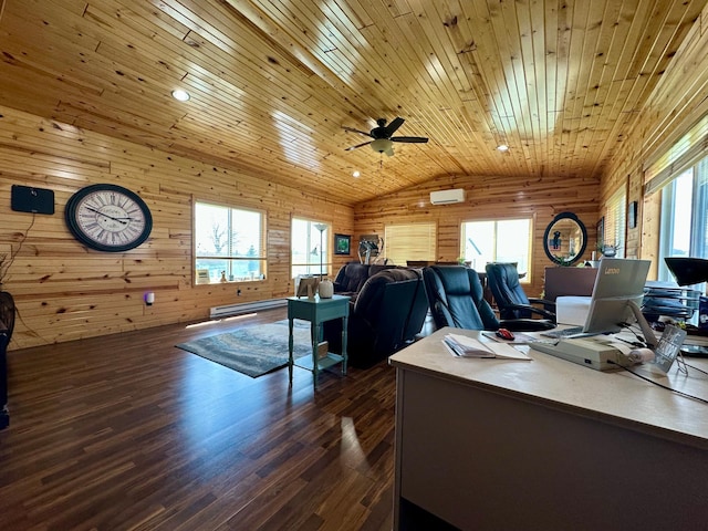 office featuring vaulted ceiling, wooden ceiling, and plenty of natural light