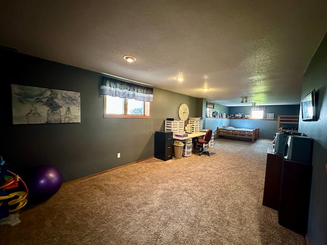 bedroom featuring baseboards, carpet, and a textured ceiling