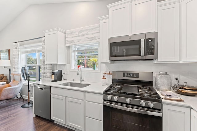 kitchen featuring stainless steel appliances, a sink, vaulted ceiling, healthy amount of natural light, and light countertops