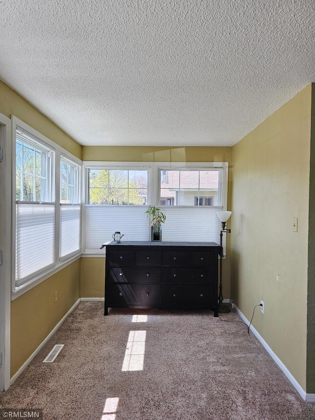interior space with visible vents, a textured ceiling, and carpet