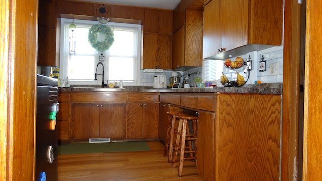 101 5th St, Cyrus, MN 56323 - kitchen featuring dark countertops, brown cabinets, light wood-style flooring, and visible vents