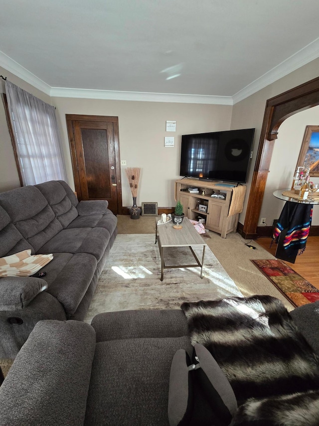 living area featuring visible vents, baseboards, and crown molding