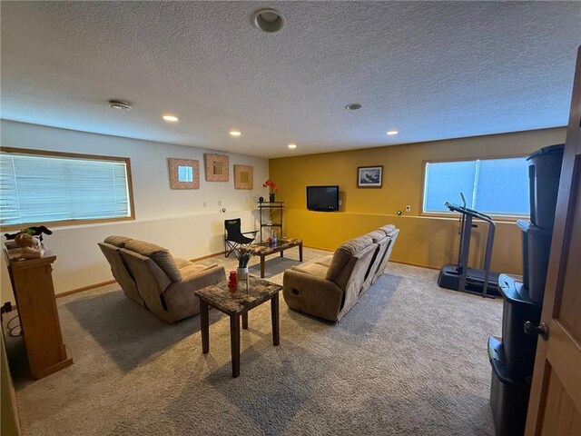 9007 Hampshire Ave N, Brooklyn Park, MN 55445 - carpeted living room with recessed lighting, a textured ceiling, and baseboards