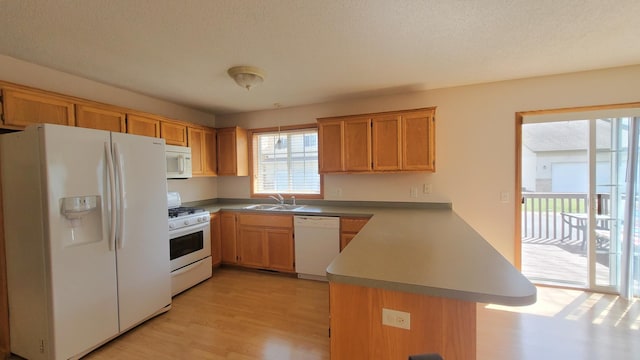 44 Willow Way, Farmington, MN 55024 - kitchen featuring white appliances, a peninsula, a sink, light wood finished floors, and a textured ceiling