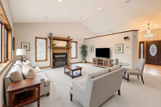 16439 Tippecanoe St NE, Ham Lake, MN 55304 - living room with light carpet, baseboards, a premium fireplace, high vaulted ceiling, and recessed lighting
