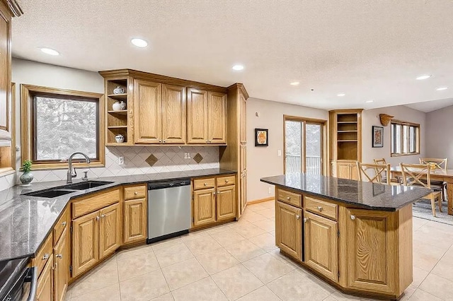 16439 Tippecanoe St NE, Ham Lake, MN 55304 - kitchen featuring dishwasher, a textured ceiling, open shelves, decorative backsplash, and a sink