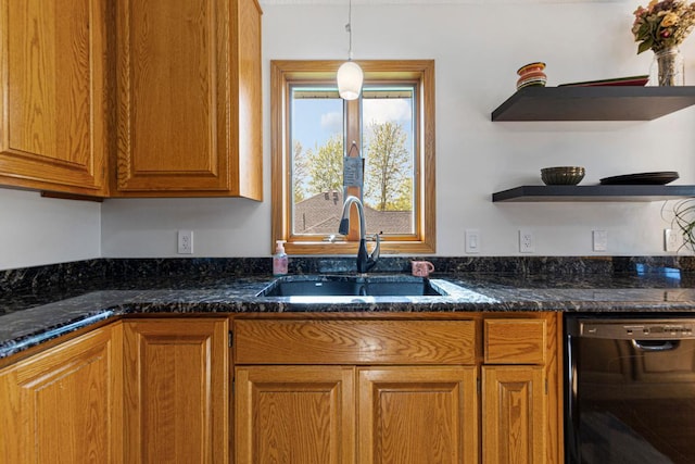 8370 Hamel Way, Morristown, MN 55052 - kitchen with black dishwasher, a sink, brown cabinets, open shelves, and dark stone counters