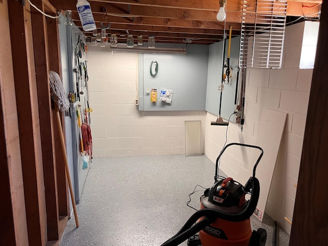unfinished basement featuring concrete block wall