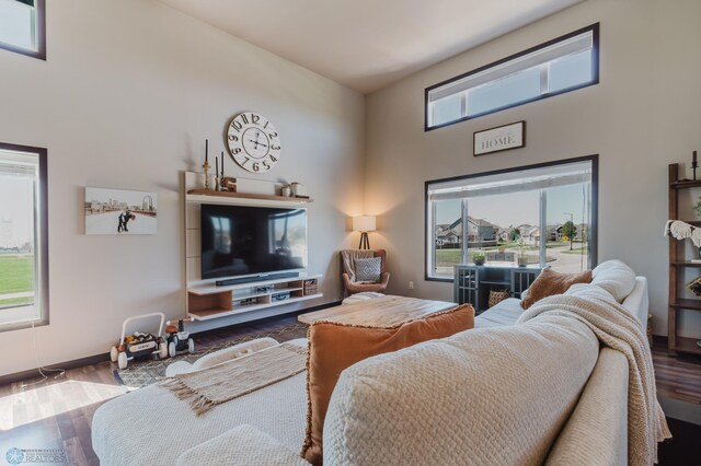 living room featuring high vaulted ceiling, baseboards, and wood finished floors
