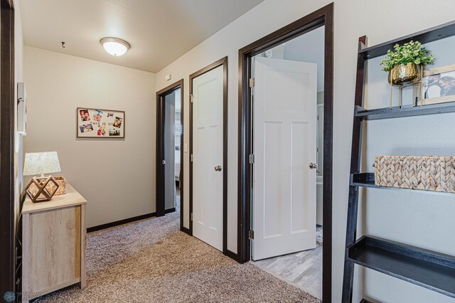 hall with baseboards and light carpet
