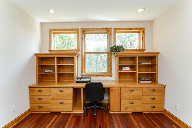 1315 Wicklow Ln SW, Rochester, MN 55902 - office with dark wood-type flooring, baseboards, plenty of natural light, built in desk, and recessed lighting