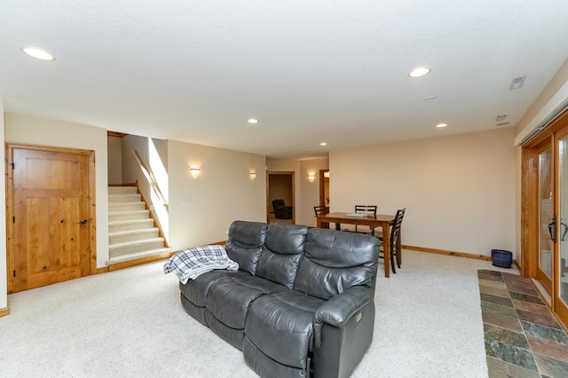 1315 Wicklow Ln SW, Rochester, MN 55902 - living room with stairway, recessed lighting, baseboards, and dark colored carpet