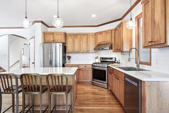 kitchen with crown molding, a breakfast bar area, under cabinet range hood, a sink, and stainless steel appliances