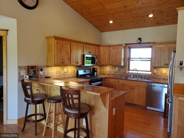 1603 86th Ave, Hammond Twp, WI 54015 - kitchen with appliances with stainless steel finishes, a sink, a peninsula, lofted ceiling, and wood ceiling