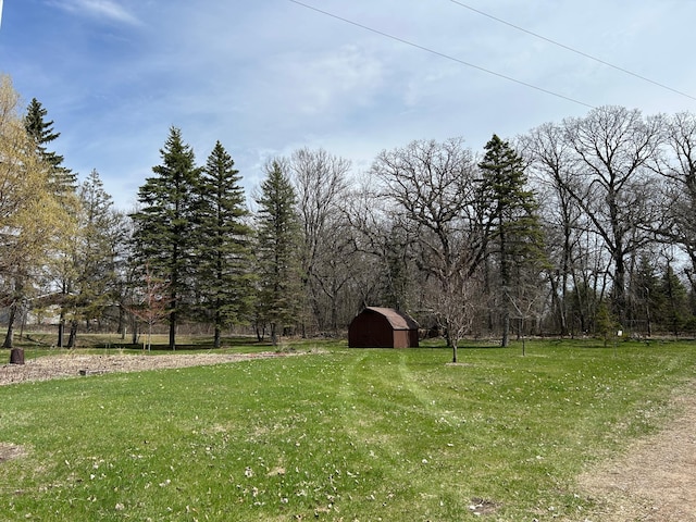 view of yard with an outdoor structure and a shed