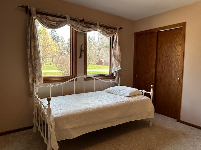 carpeted bedroom with a closet and baseboards