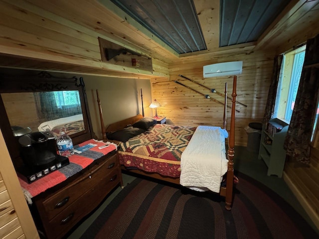 27530 Steel Bridge Rd NE, Waskish, MN 56685 - bedroom with an AC wall unit, wooden walls, and wooden ceiling