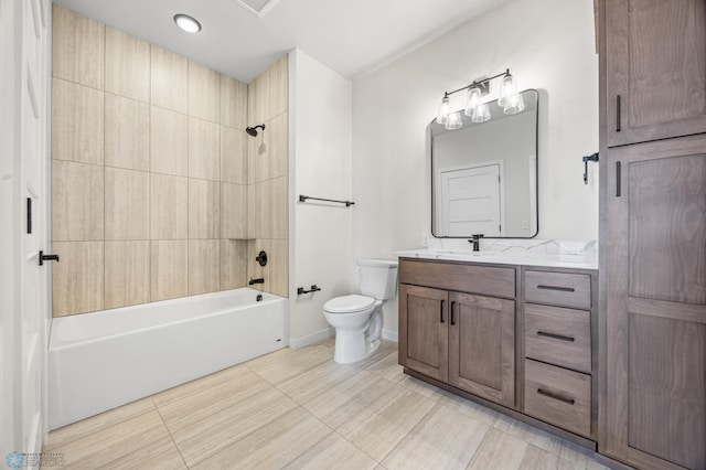 full bath featuring vanity,  shower combination, tile patterned floors, and toilet