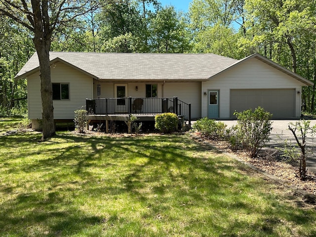 32305 W St, Breezy Point, MN 56472 - ranch-style house featuring a garage, a wooden deck, a front lawn, driveway, and a shingled roof