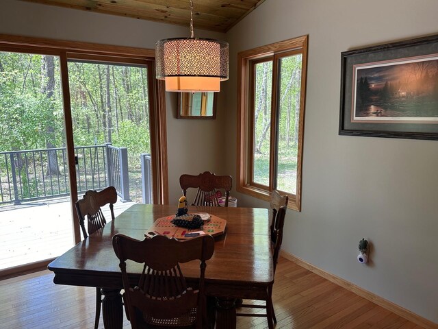 32305 W St, Breezy Point, MN 56472 - dining area with healthy amount of natural light, hardwood / wood-style floors, baseboards, lofted ceiling, and wood ceiling